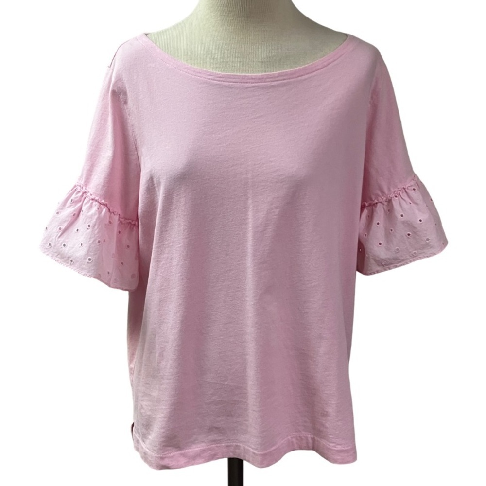 J. CREW Feminine Summer basic Preppy Top Eyelet Ruffle Sleeve Large Light Pink